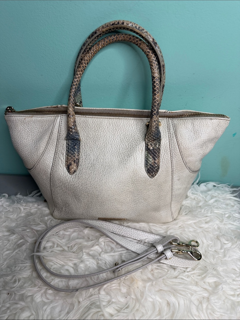 Brahmin Small Women’s Cream Leather Tote with Snake-Print Handles